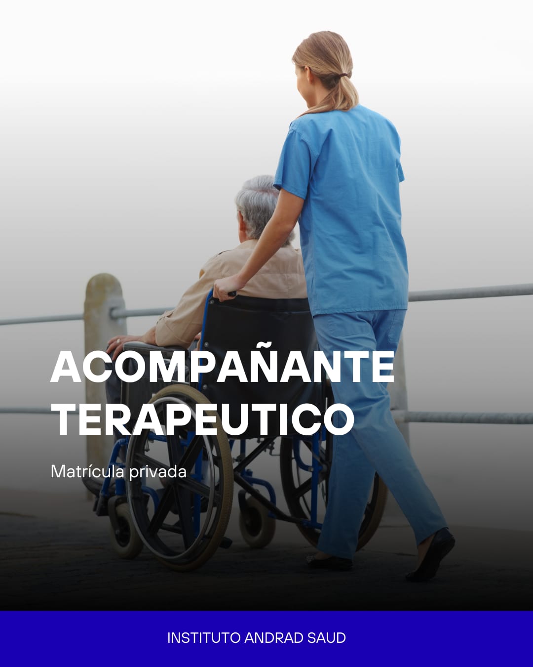 Acompañante Terapéutico asistiendo a un adulto mayor en silla de ruedas, formación con matrícula privada