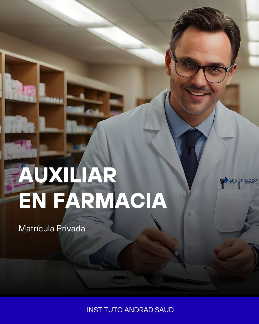Auxiliar de farmacia con guardapolvo blanco atendiendo en mostrador con estantes de medicamentos
